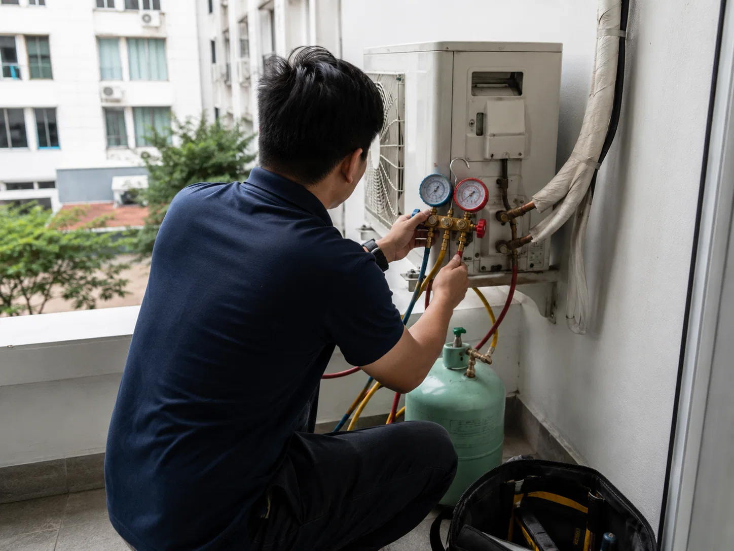 Aircon technician servicing an outdoor unit with professional gauges in Singapore.