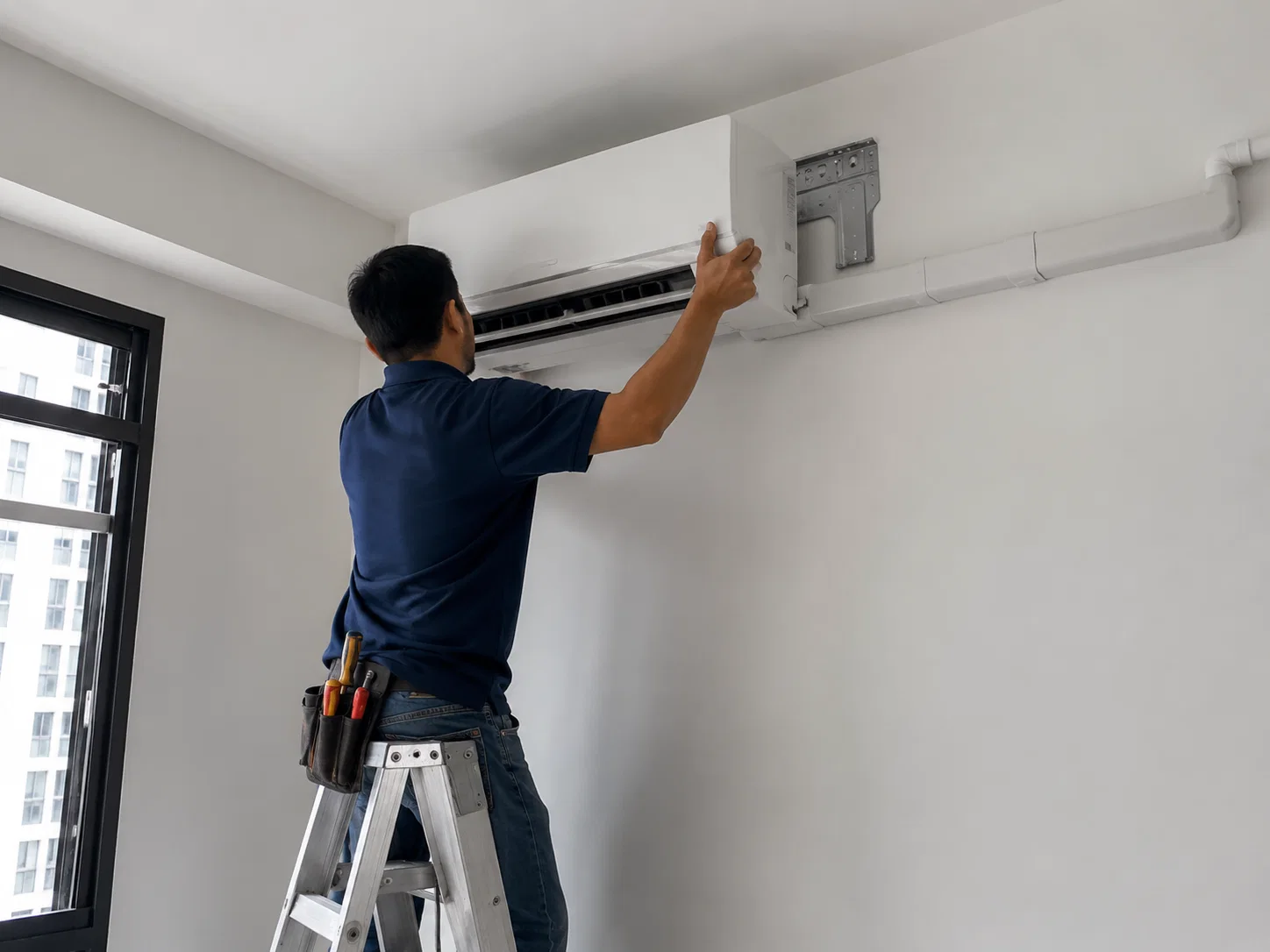 Technician installing a wall-mounted split aircon unit in Singapore.
