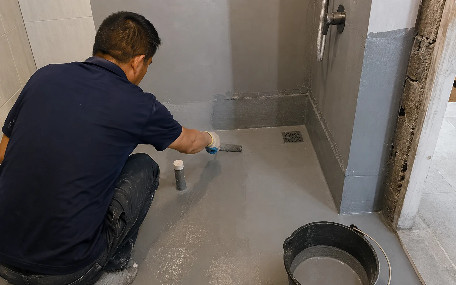Technician carrying out bathroom waterproofing in Singapore.