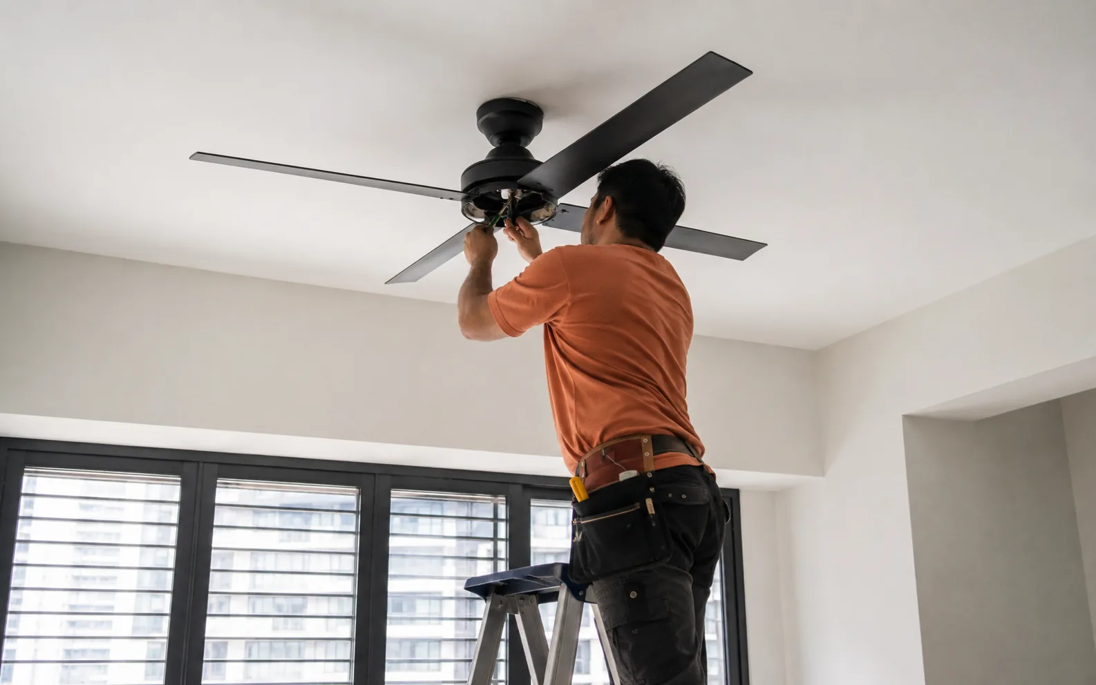 Electrician installing a ceiling fan in Singapore.