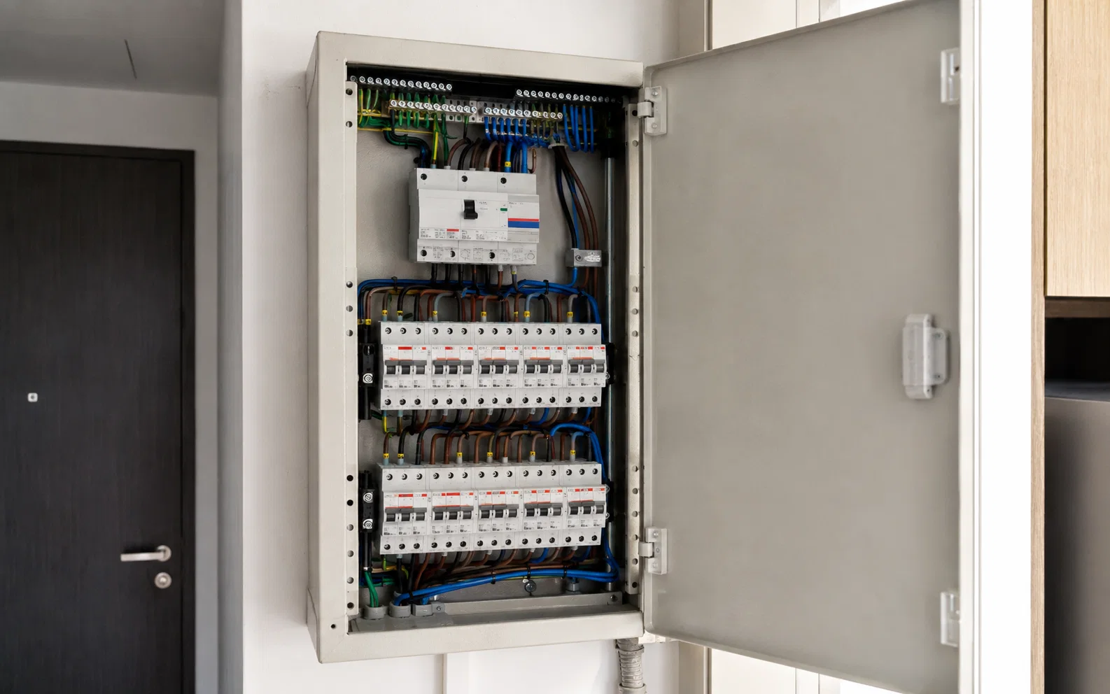 Distribution board prepared for professional inspection in Singapore.