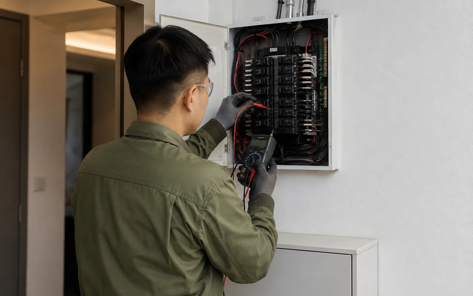 Electrician safely inspecting a distribution board in Singapore.