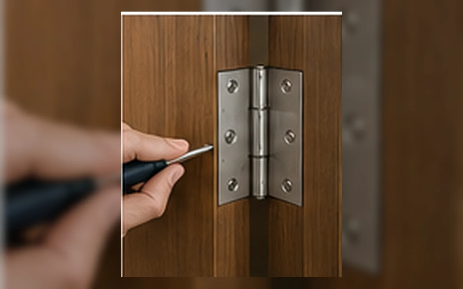 Technician repairing a door hinge in Singapore.