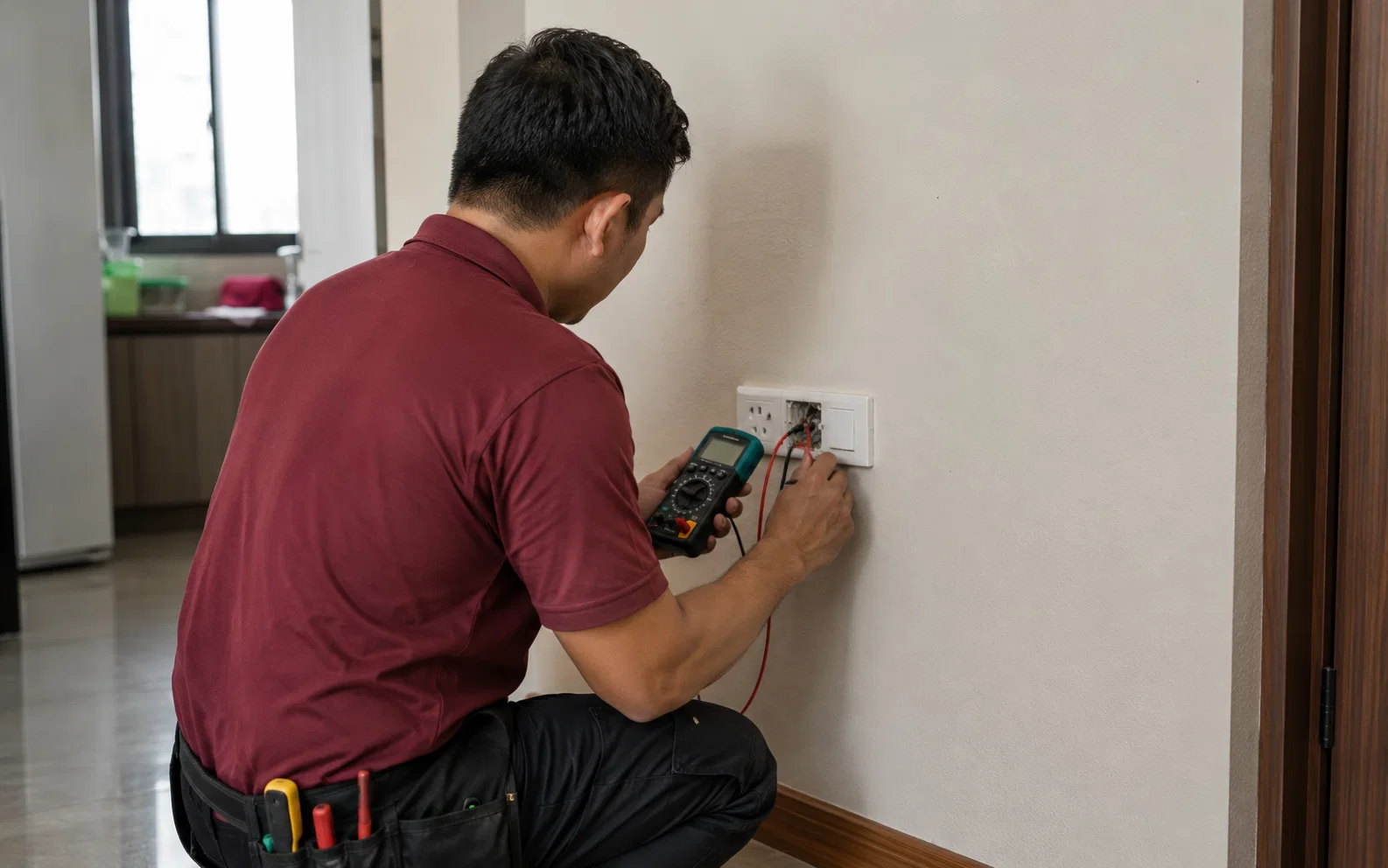 Electrician performing a safe electrical diagnostic inspection in Singapore.