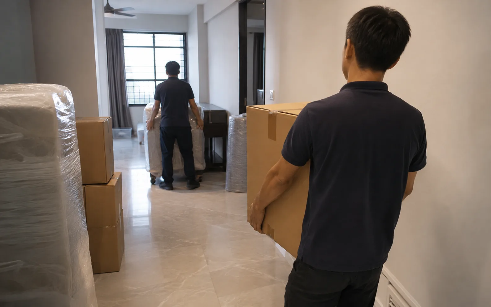 Movers handling a house move in Singapore.