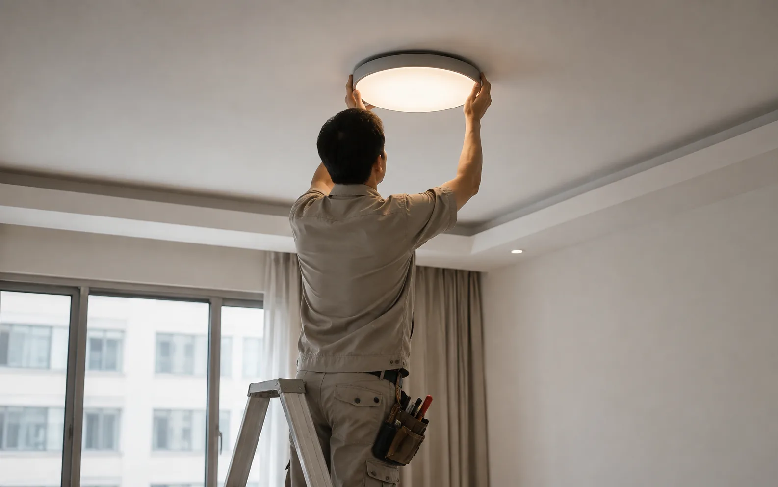 Electrician installing a light fitting in Singapore.