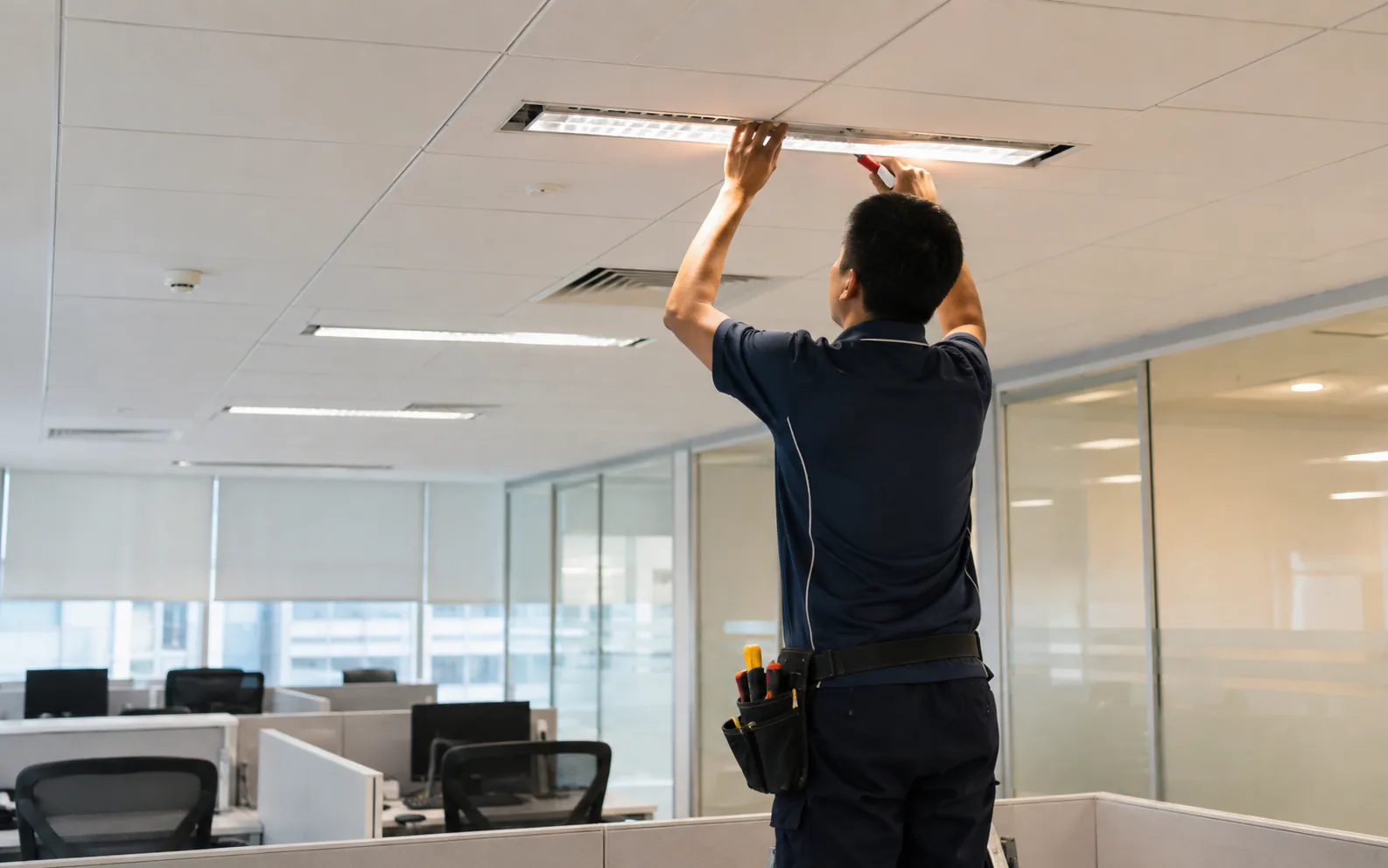 Technician carrying out office maintenance in Singapore.