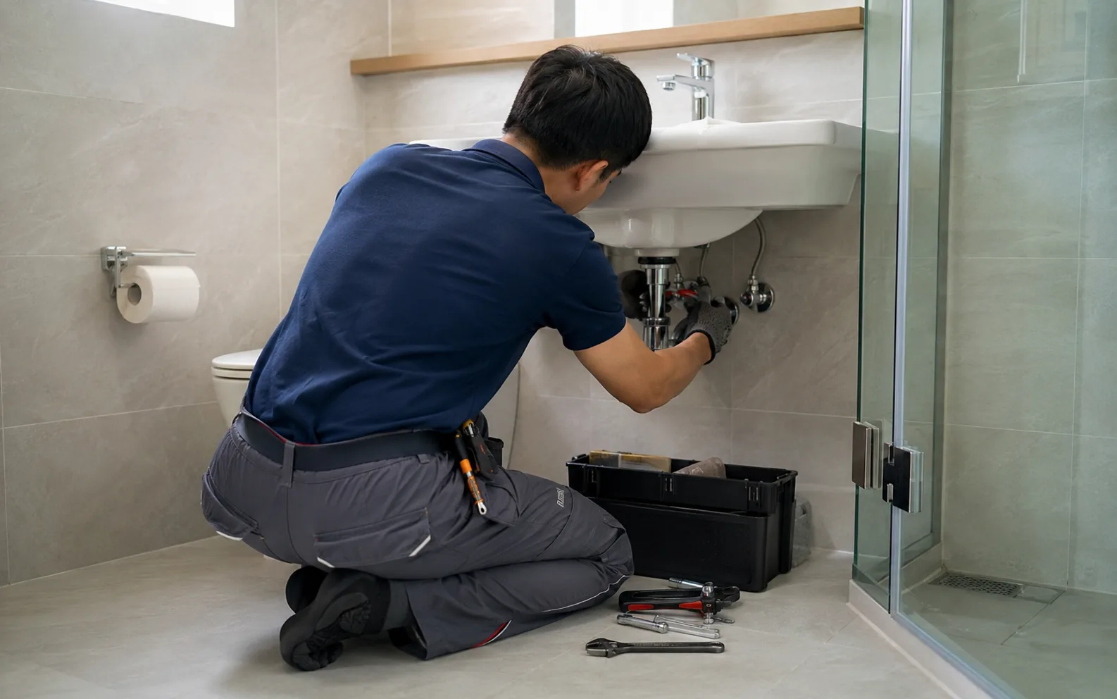 Technician carrying out plumbing maintenance in Singapore.