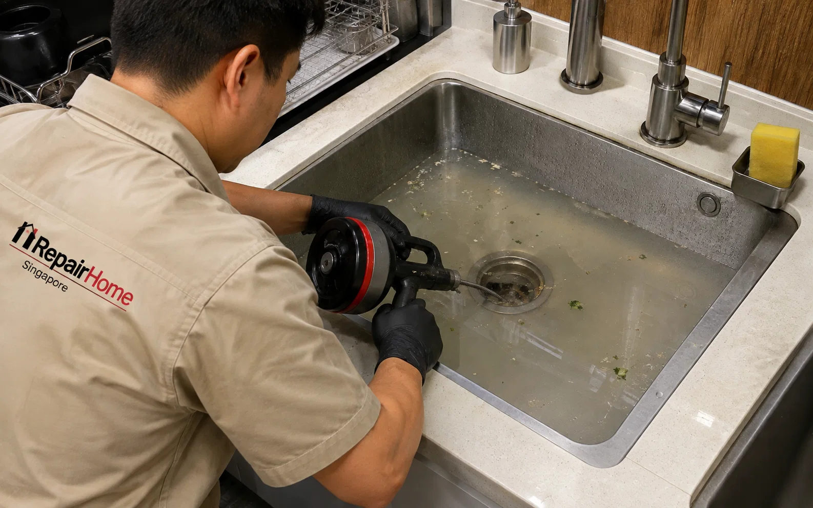 Plumber clearing a sink choke in a Singapore home.