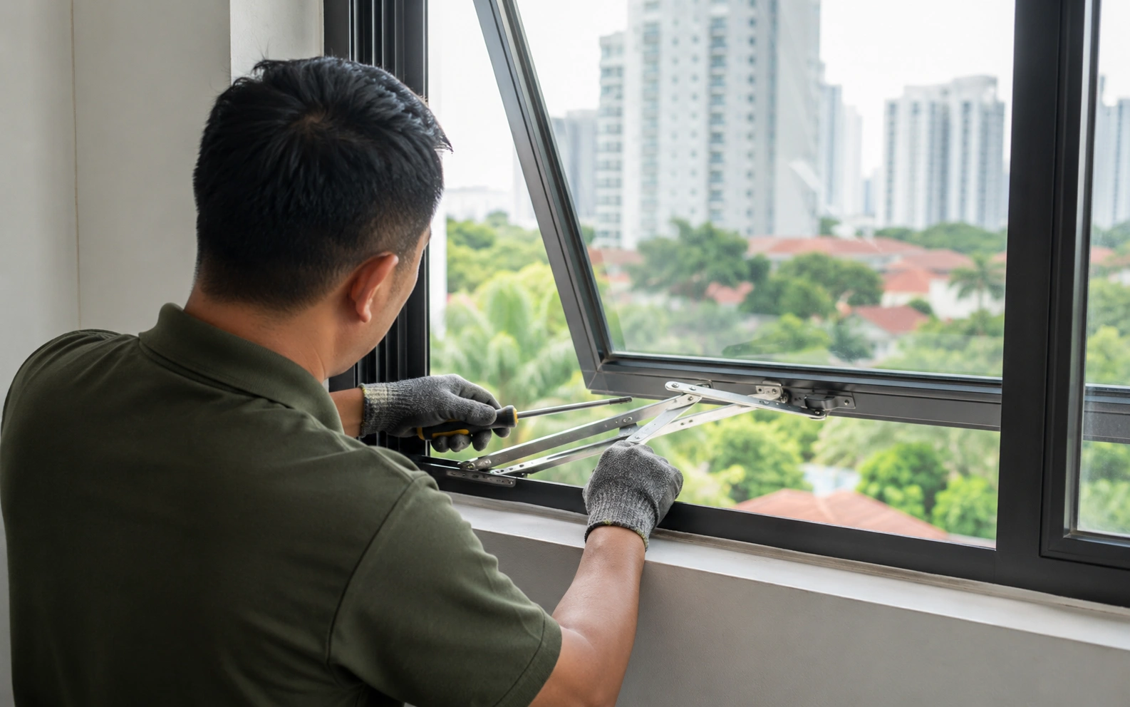 Sliding window track and frame requiring repair in Singapore.