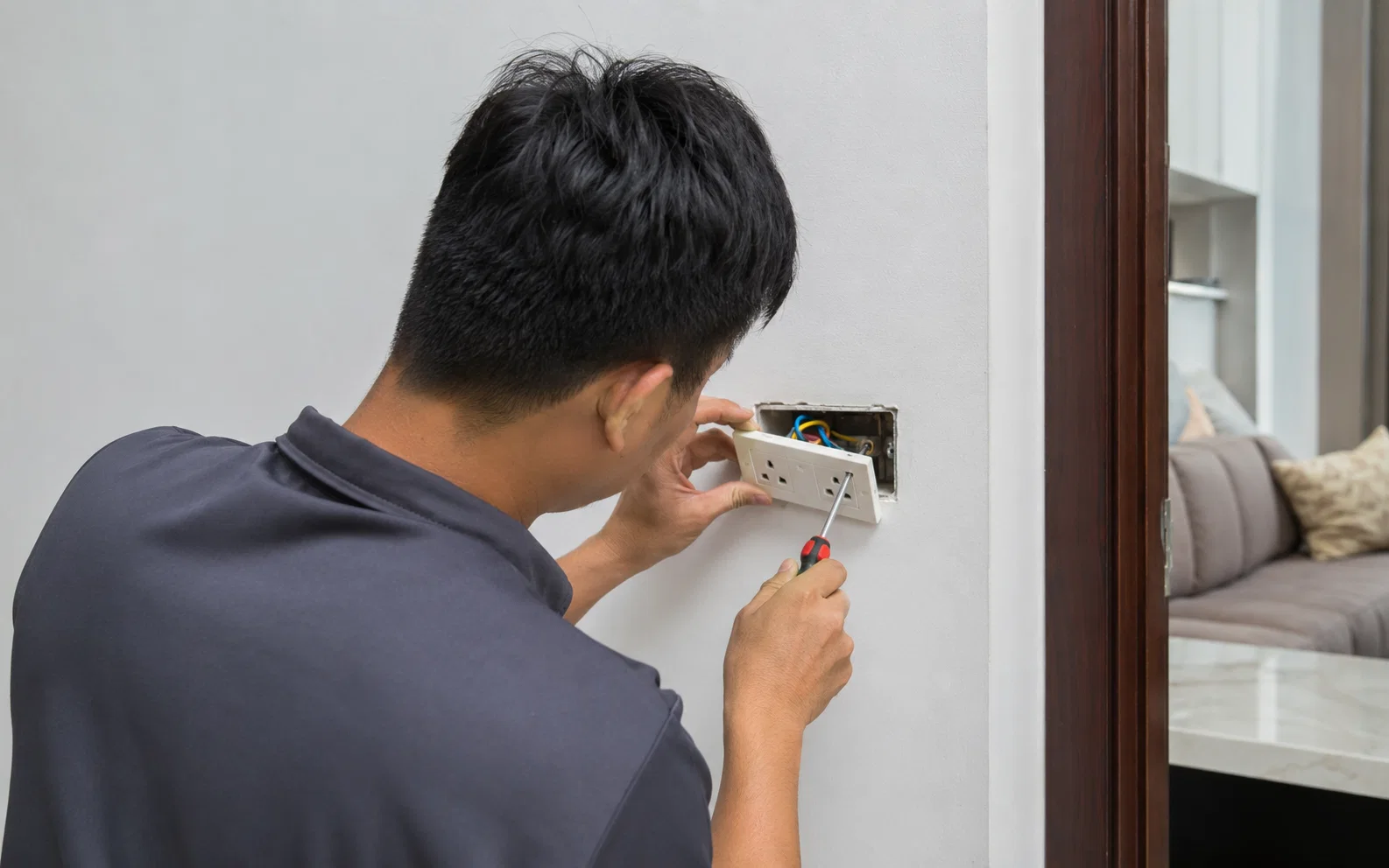 Electrician safely fitting a switch or socket in Singapore.