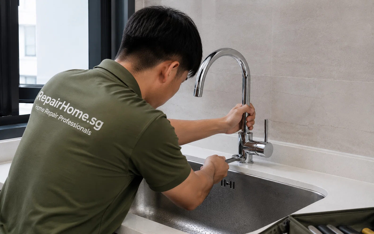 Plumber replacing a household tap in Singapore.