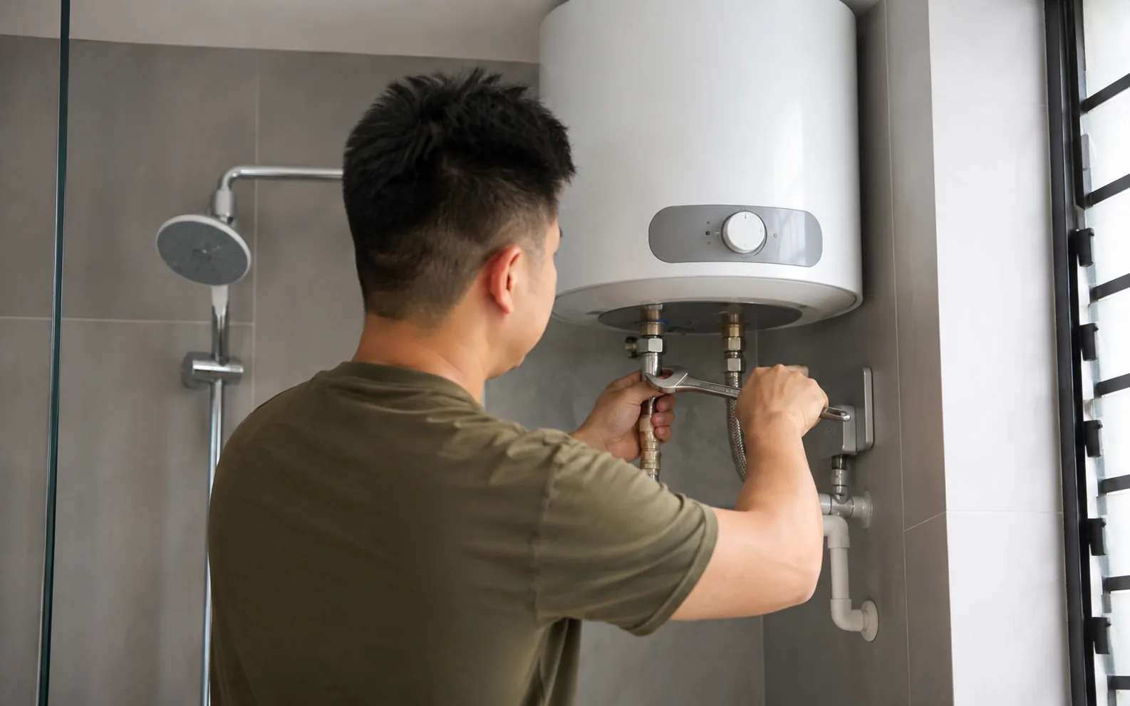 Technician connecting water heater piping in Singapore.