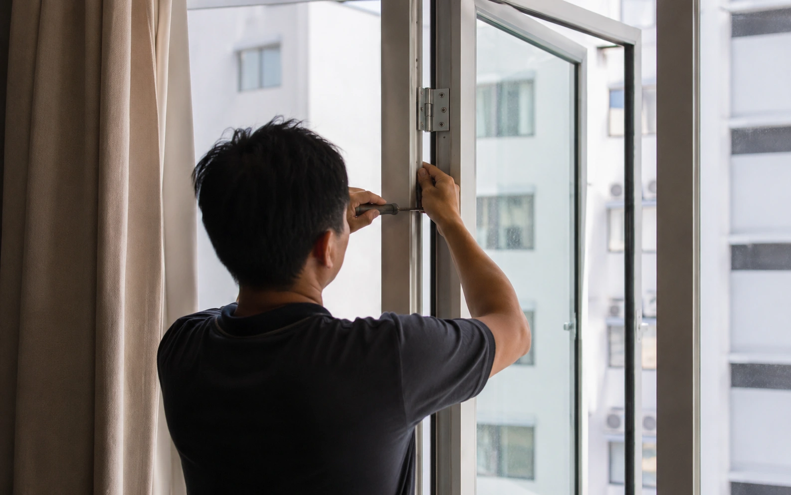 Aluminium window requiring alignment repair in Singapore.