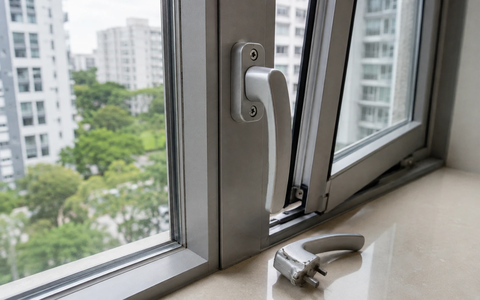 Technician replacing a casement window hinge in Singapore.