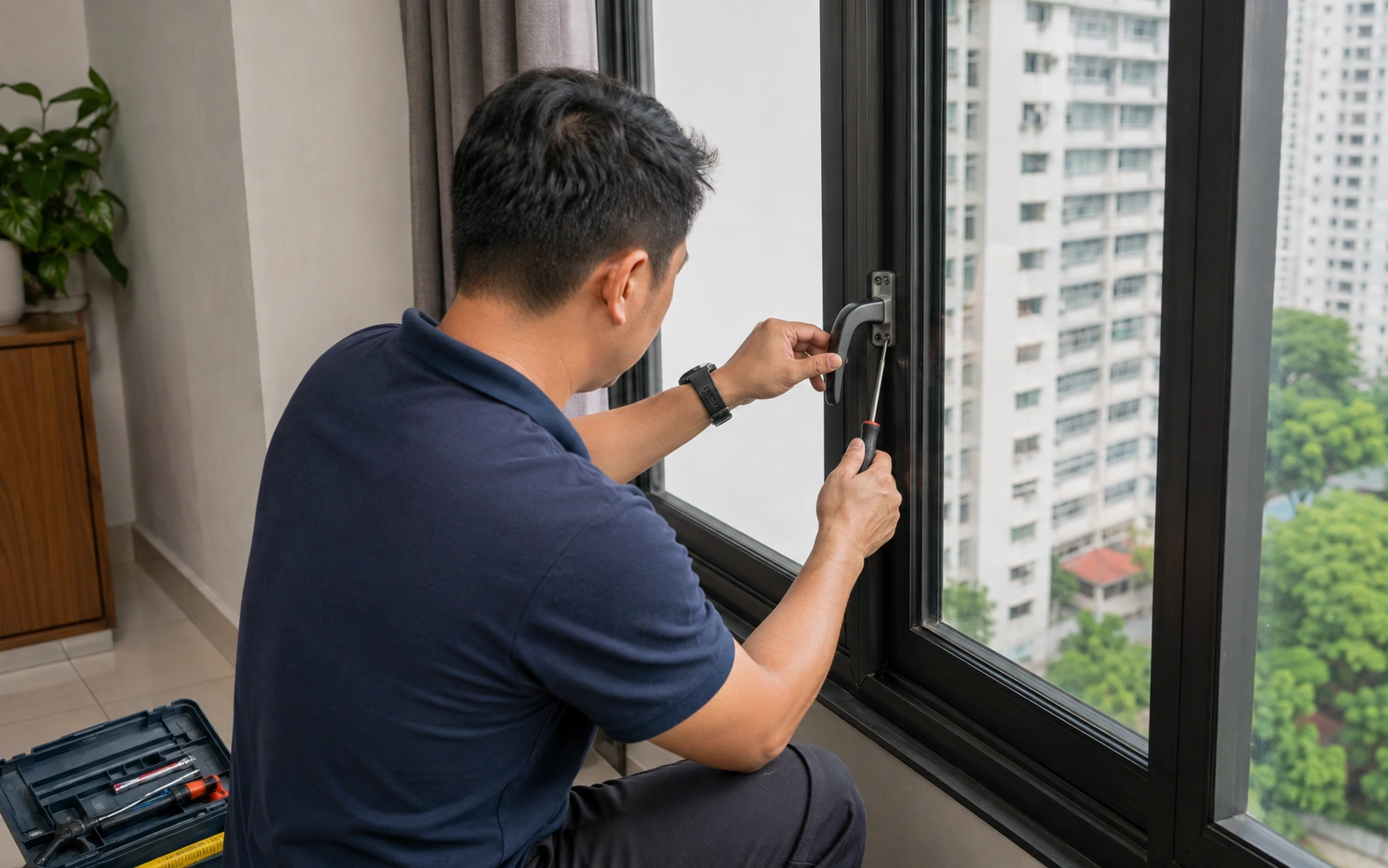 Window lock hardware requiring repair in a Singapore home.